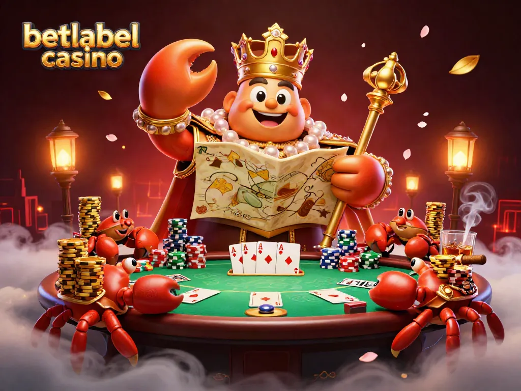 Engage with strategies at Betlabel Casino featuring a vibrant casino scene with a golden crab emperor.
