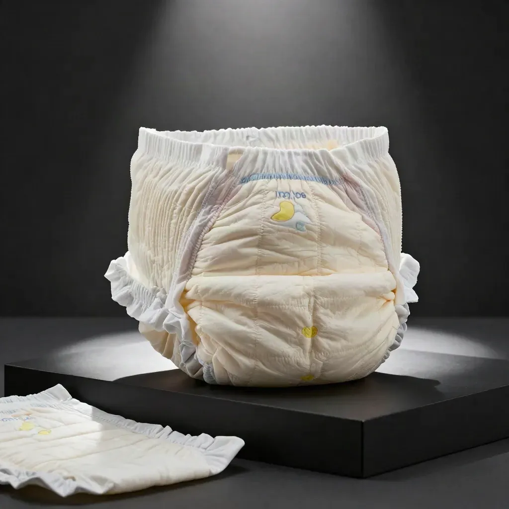 Pacco di pannolini crema con un pannolino aperto su base nera, luce drammatica.