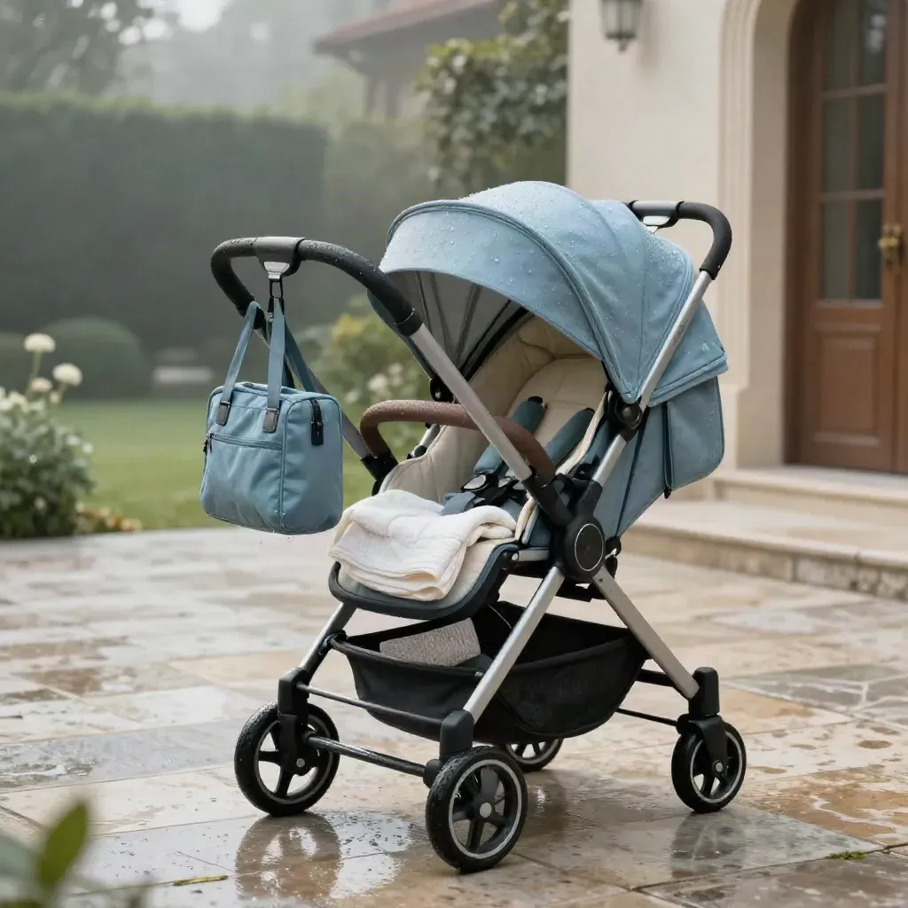 Passeggino trio blu con navicella e accessori su terrazza bagnata all’alba.