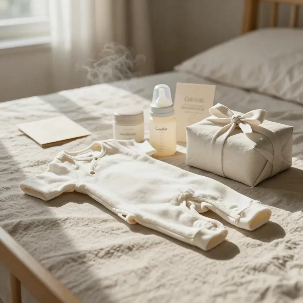 Set nascita con body, biberon, crema e regalo su lino chiaro.