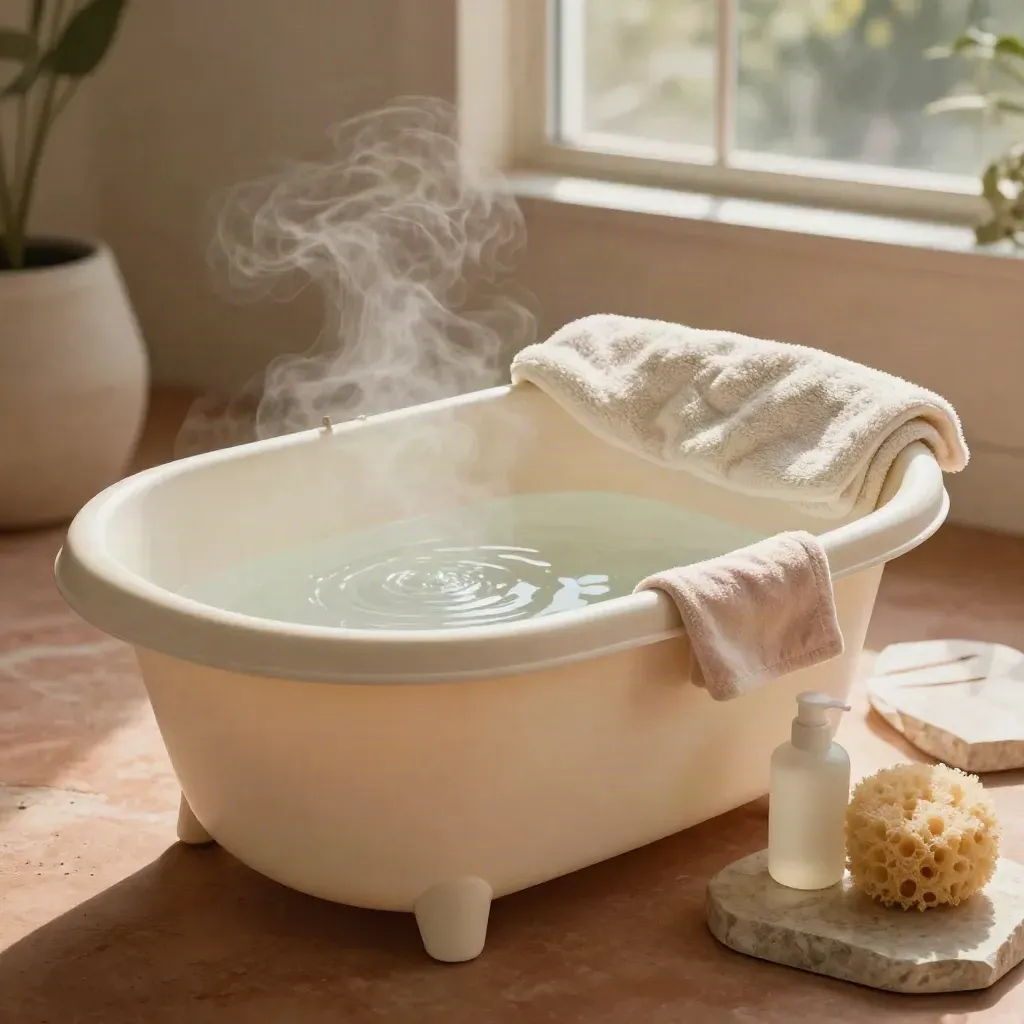 Set bagnetto neonato con vaschetta, asciugamano, spugna e flaconi su fondo terracotta