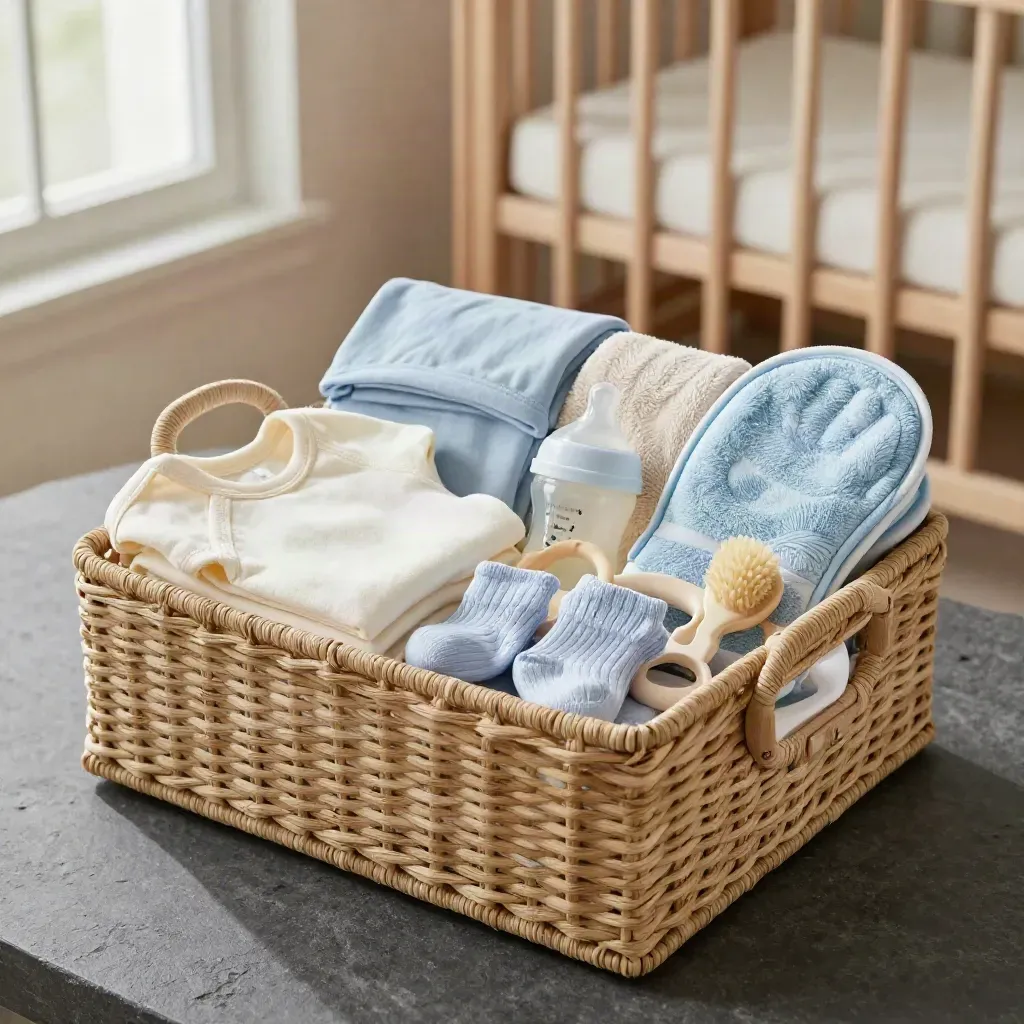 Set nascita con body, accessori e tessuti per neonato in una composizione elegante e luminosa.