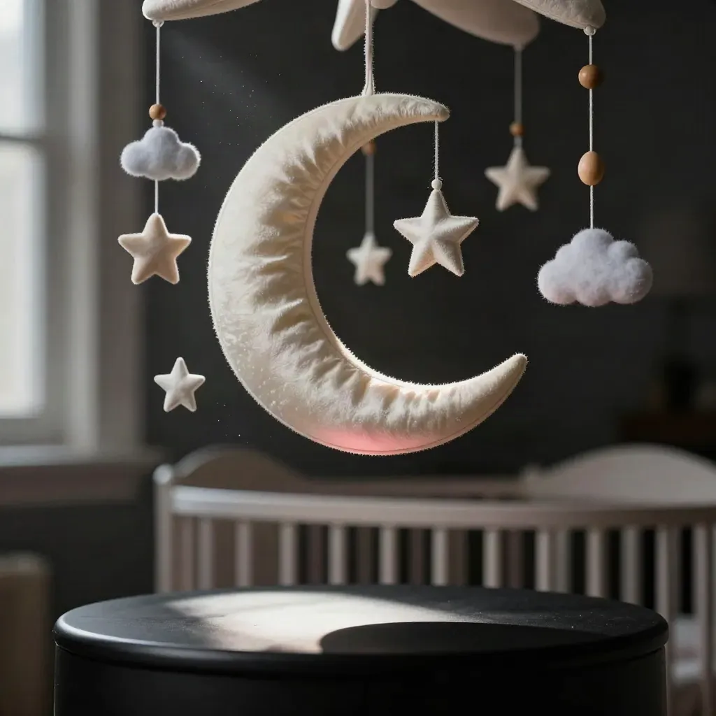 Giostrina culla con luna, stelline e nuvolette sospese in luce drammatica.