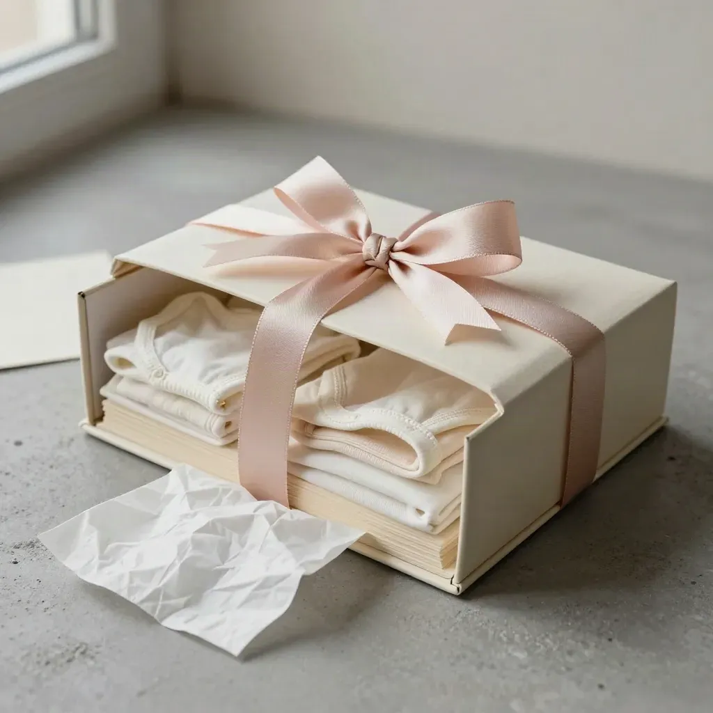 Scatola regalo nascita con fiocco rosa e body piegati su fondo chiaro.