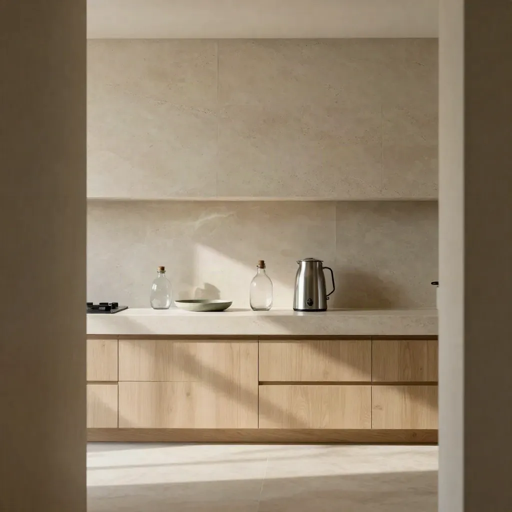 Cucina in pietra chiara con biberon, scaldabiberon e vassoio su ripiano alto, luce radente.