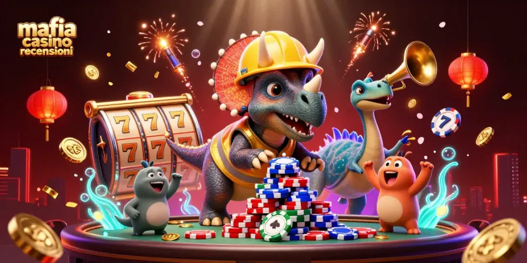 Mafia casino recensioni illustration featuring a triceratops building poker chips alongside a celebrating parasaurolophus.