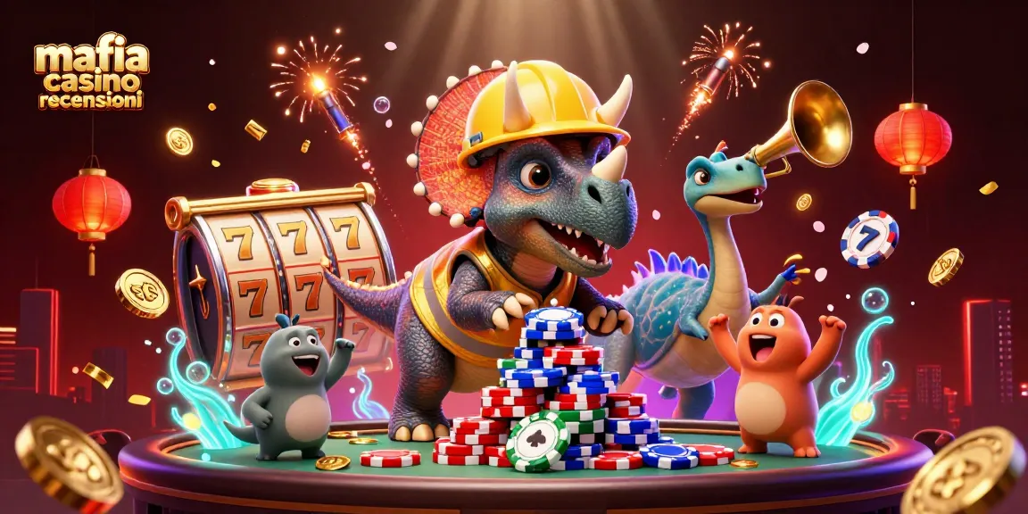 Mafia casino recensioni illustration featuring a triceratops building poker chips alongside a celebrating parasaurolophus.